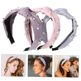 Outanaya 3pcs Wide Pearl Knotted Headband Set Non-Slip Fabric Hair Accessories for Women Fashionable Knot Hair Hoops for Daily Wear and Spa