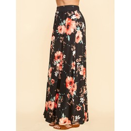 Lock and Love LL WDR1434 Womens Floral Print Maxi Skirt with Elastic Waist Band L Black_Floral