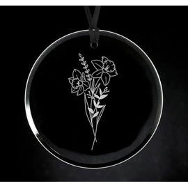 Crystal Glass Circle Ornament Keepsake Gift Birth Month Flowers (March - Daffodil)