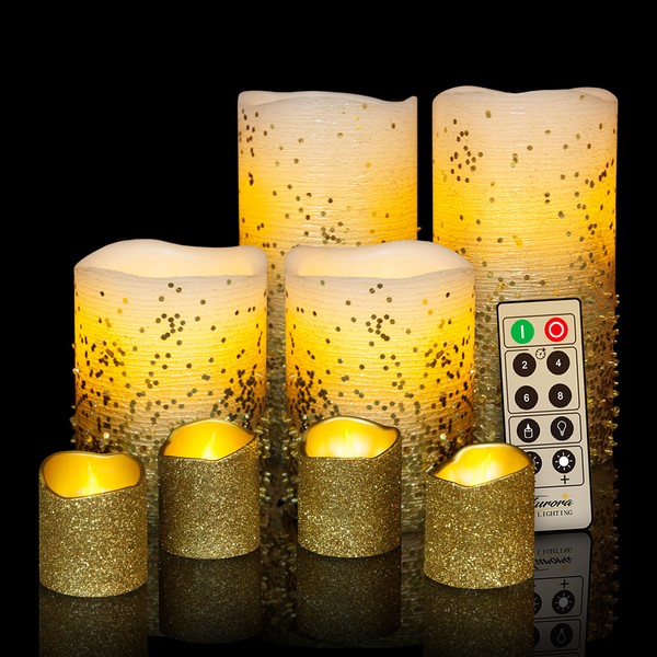 FURORA LIGHTING LED Flameless Candles with Remote – Battery-Operated Flameless Candles Bulk Set of 8 Fake Candles – Small Flameless Candles & Christmas Centerpieces for Tables, Gold Glittery