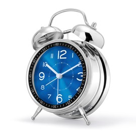 Lafocuse Double Bell Alarm Clock, 16 cm, Analogue, No Ticking, Metal Blue Alarm Clock with Large Dial, Silent Bedside Table Clock with Night Light for Bedroom, Office