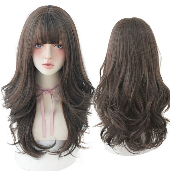PARK YUN Dark Brown Wig with Bangs Long Wavy Wigs for Women Curly Synthetic Heat Resistant Fiber Hair Wigs for Daily Use(26 Inch Brown)