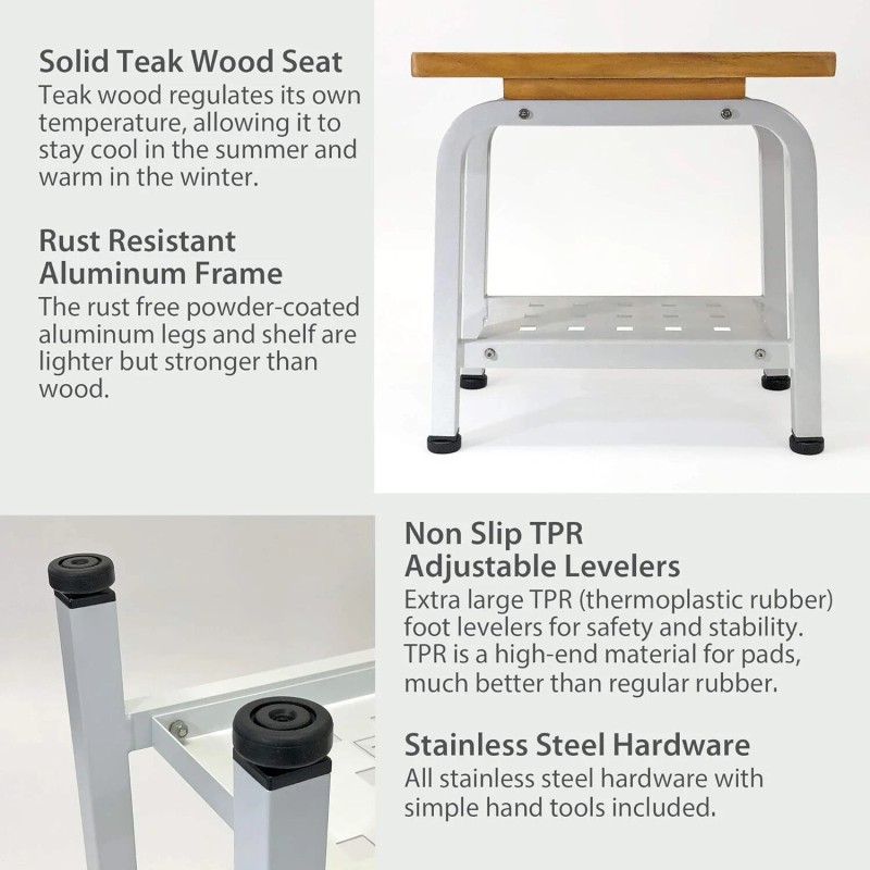 Anthology Spa Maya Shower Bench Teak & Aluminum Bath Stool