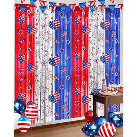 4th of July Decorations Foil Fringe Curtains for Memorial Day, 2 Pack Fourth of July Decor Party Backdrop Red White and Blue Tinsel Streamer, Patriotic Decorations for Independence Labor Veterans Day
