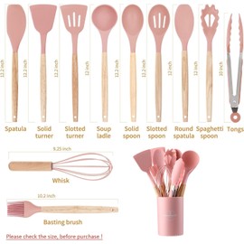 Utensilios de Cocina de Silicona, Juego de 12 Herramientas de Cocina Antiadherentes Resistentes al Calor，Viene con espátula/cuchara/agitador/clip, etc., adecuado para utensilios de cocina. (rosa)