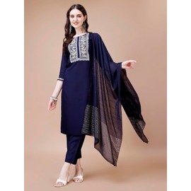 UGAM TRADING - Juego de kurti de manga 3/4 para mujer, mezcla de seda, cuello redondo, línea A, con Dupatta, Azul, S