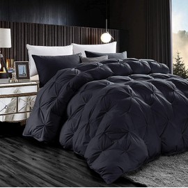 Luxurious Goose Down Feather Fiber Comforter, Exquisite Pinch Pleat Design, Black 108 x 98 , 100% Egyptian Cotton, 75 oz Fill Weight, Black,Oversize Cal King