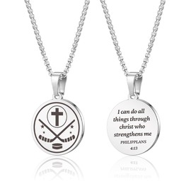 HMOOY Sports Pendant Cross Necklace with Inspiring Bible, Stainless Steel Inspirational Necklace with Phil 4:13 for Athletes Basketball Fans Team Sprots Jewelry for Players Men (Hockey)