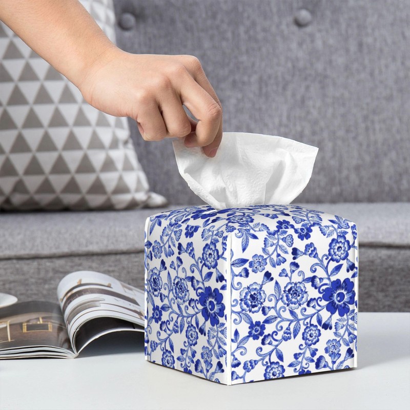 Tissue Box Cover,Blue and White Porcelain Flowers Pu Leather Square