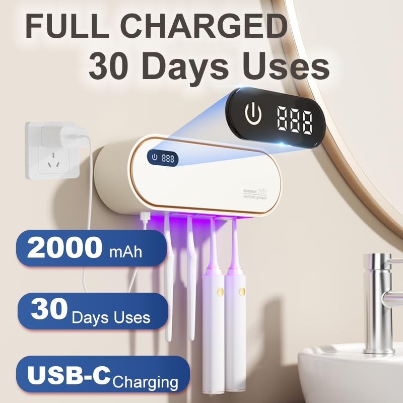 UV Toothbrush Sanitizer Holder for 4 | Wall Mounted Toothbrush