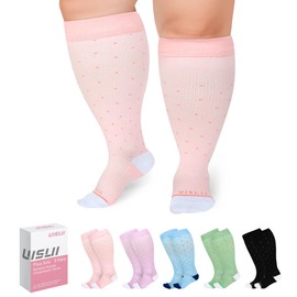 UISLII Plus Size Compression Socks Wide Calf Women Men,5 Pairs 20-30mmHg Extra Width Calf Viscose Knee High Compression Socks for Circulation Support(Black+Light Blue+Pink+Purple+Green-3XL)