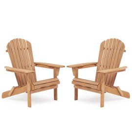Homtique Folding Adirondack Chair Set of 2 Outdoor, 300LBS Solid Wood Garden Chair Weather Resistant, Fire Pit Lounge Chairs for Garden/Yard/Patio/Lawn, Natural Wood