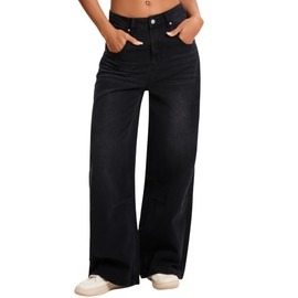 Wanduyini Baggy Jeans for Women Retro Wash Low Waist Wide Leg Loose Boyfriend Oversized Denim Pants Y2K (Black, S)