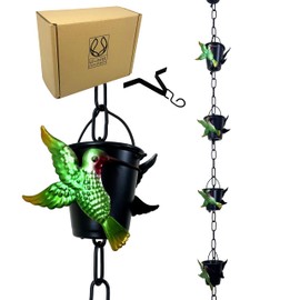 Rain Chains for Gutters | Rainwater Catcher & Diverter | 8.5 FT Metal Black Rain Chain | Powder Coated, Farmhouse Bucket, Hummingbird | Roof Gutter Chain Downspout | DIY Rain Chain Installation Kit