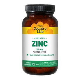 Country Life Country Life Chelated Zinc 50 mg - Certified Gluten-Free & Vegan Immune Support Supplement, Enhances Zinc Absorption, Supports Body's Protein Production & Cellular Health, 100 Vegetarian Tablets