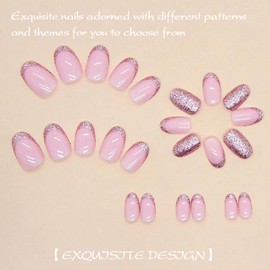 AWAVM 24PCS Almond Press on Nails Short, French Tip Fake Nails Glossy Pink Glitter False Nails with Glue Stickers, Oval Acrylic Full Cover Glue on Nails for Women and Girls