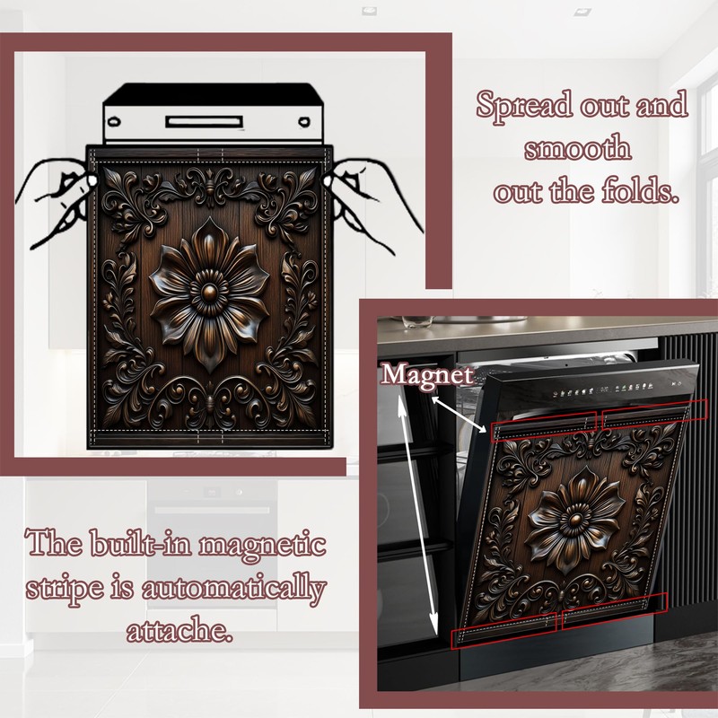 Dark Black Wooden Flowers Dishwasher Magnet Cover for Kitchen Décor