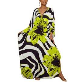 Bsubseach Swim Cover Up for Women 2026 V Neck Kaftan Dresses Batwing Sleeve Maxi Beach Dress Mrs Roper Caftan Dresses Lime Green Flowers