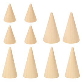 PATIKIL Natural Wood Cone Ring Holder, 10 Pack Finger Jewelry Display Stand Organizer Unpainted Wooden Cones for DIY Craft 3 Sizes, Brown