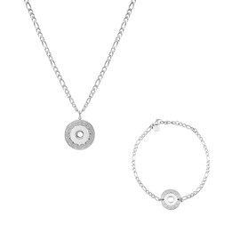 LUUK LIFESTYLE Filigree jewellery set, necklace and bracelet with circle | coin pendant, modern design, vintage style, gift idea, fashion accessory for women, adjustable length, silver