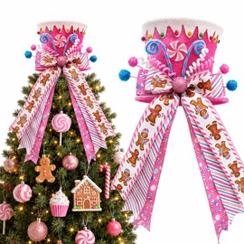 Pink Christmas Tree Topper Hat, Candy Gingerbread Tree Top Decoration with Large Bow and Long Ribbon Tails, 8.6 Inch Whimsical Lollipop Peppermint Xmas Tree Ornament for Holiday Party Decor, 1PC