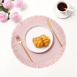 IcosaMro Pink Placemats Set of 6 for Dining Table, 15 Inch Paper Woven Boho Decorative Circle Place Mat for Wedding Christmas Thanksgiving Day Holiday Dinner