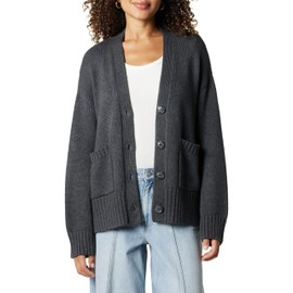 The Drop Women's Brigitte Chunky Button Front Pocket Ribbed Cardigan, Charcoal, L