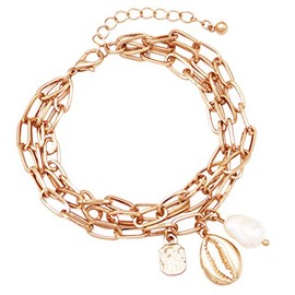 Rosemarie Collections Women's Mermaid Chic Stunning Natural Cowrie Seashell Puka Bracelet (1 Shell Triple Strand Paperclip Chain, 7"+2" Extender)