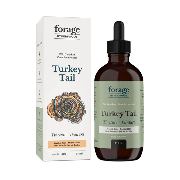 Forage Hyperfoods- Alcohol-Free Canadian Wild Turkey Tail Mushroom Superfood Liquid Supplement Extract Tincture, Vegan, Non-GMO, Immune System and Gut Health Support, 118ML
