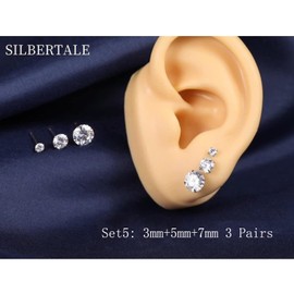 3 Pairs 925 Sterling Silver Cubic Zirconia Stud Earrings 3mm-5mm-7mm Set Men Women
