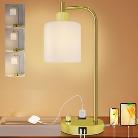 GLITI Industrial Table Lamp, Stepless Dimmable Gold Desk Lamp with 2 USB Ports and AC Power Outlet, Frosted GlassShade, Eye-Caring Bedside Nightstand Lamps for Bedroom Living Room Office Reading