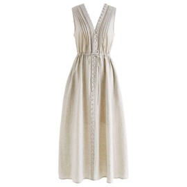 CHICWISH Women V Neck Sleeveless Midi Long Dress Casual Button Beach Summer Vacation Linen Midi Dress with Side Pockets