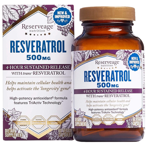 Reserveage, Resveratrol 500 mg, Antioxidant Supplement for Heart and Cellular Health, Supports Healthy Aging, Paleo, Keto, 60 capsules (60 servings)