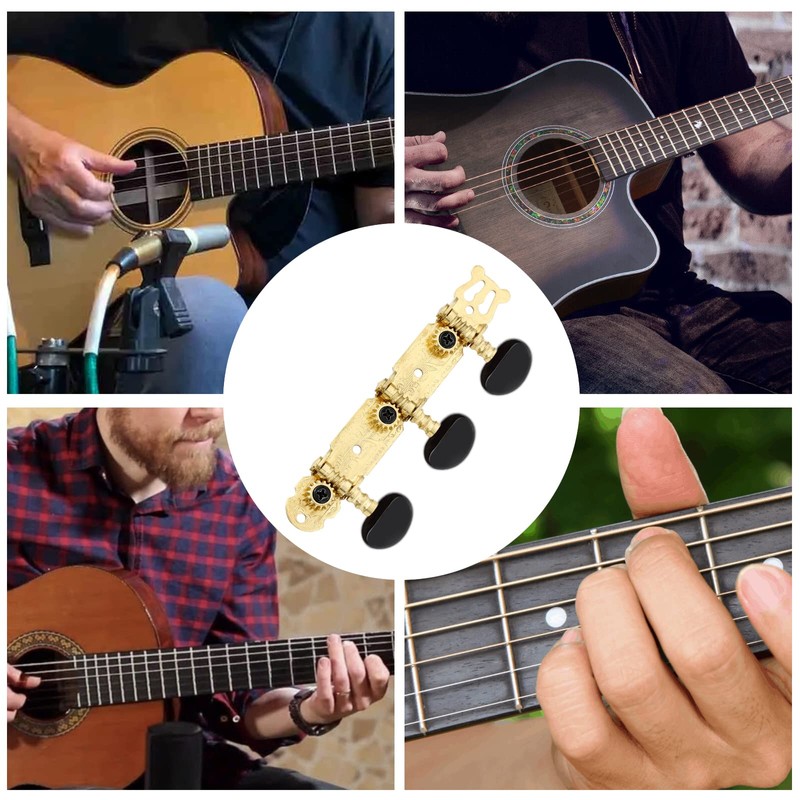 Jiozermi クラシックギターチューニングペグ 2個 3L+3R ストリングチューニングペグ キーマシンヘッド クラシックギター弦チューナー用 真鍮メッキ仕上げ ブラックボタン