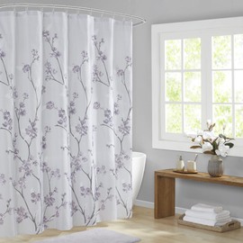 Comfort Spaces Kate Bathroom Shower Curtain Floral Printed, Vibrant Colors Modern Machine Washable Bath Curtains, 72"x72", Grey/Purple