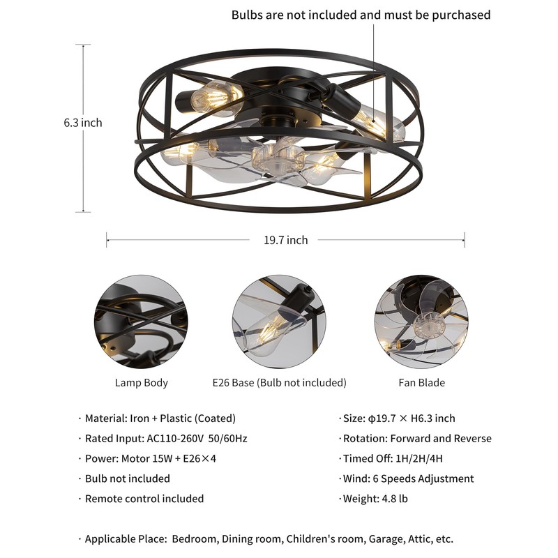 KDG 19.7″ Retro Low Profile LED Ceiling Fans with Light,