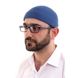 Turkish Muslim Winter Velvet Roll-up Edge Kufi Hats for Men, Taqiya, Takke, Islamic Gifts, Standart Size, Blue/Style 10