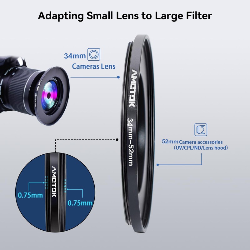 34 mm lens to 52 mm camera lens adapter, 34