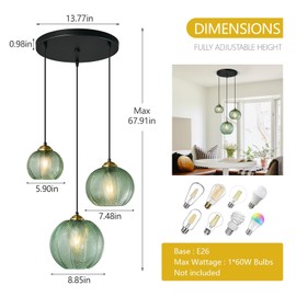 LBSQJ Green Glass Pendant Lights Kitchen Island 3 Different Sizes of Blown Glass Globe Pendant Light 3 Light Pendant Lighting Modern Living Room Chandelier for Dining Room