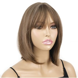 onemily Bob Wig with Bangs Short Straight Highlight Light Brown Wigs Bob Wig with Dark Roots Shoulder Length Synthetic Wigs for Women
