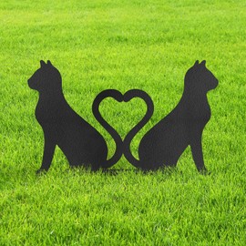 Dual Cat with Heart-Shaped Tails Metal Decorative Garden Stakes Cat Gifts for Cat Lovers Statues for Yard Art, Outside, Patio, Outdoor Decor, Garden Decorations, Lawn Ornaments - 24" Black