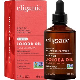 Cliganic- Aceite de jojoba sin OGM para la piel, el cabello y el rostro (2 oz) Aceite de hexano sin refinar, 100% puro y natural, prensado en frío
