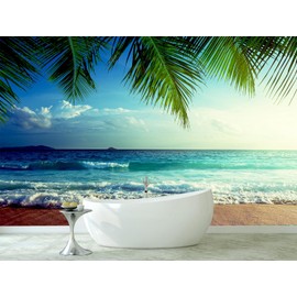 WFBHUA-Large Beach Scene Wallpaper Mural Dusk Waves Wall Murals for Bathroom Living Room Bedroom(Not Peel and Stick)