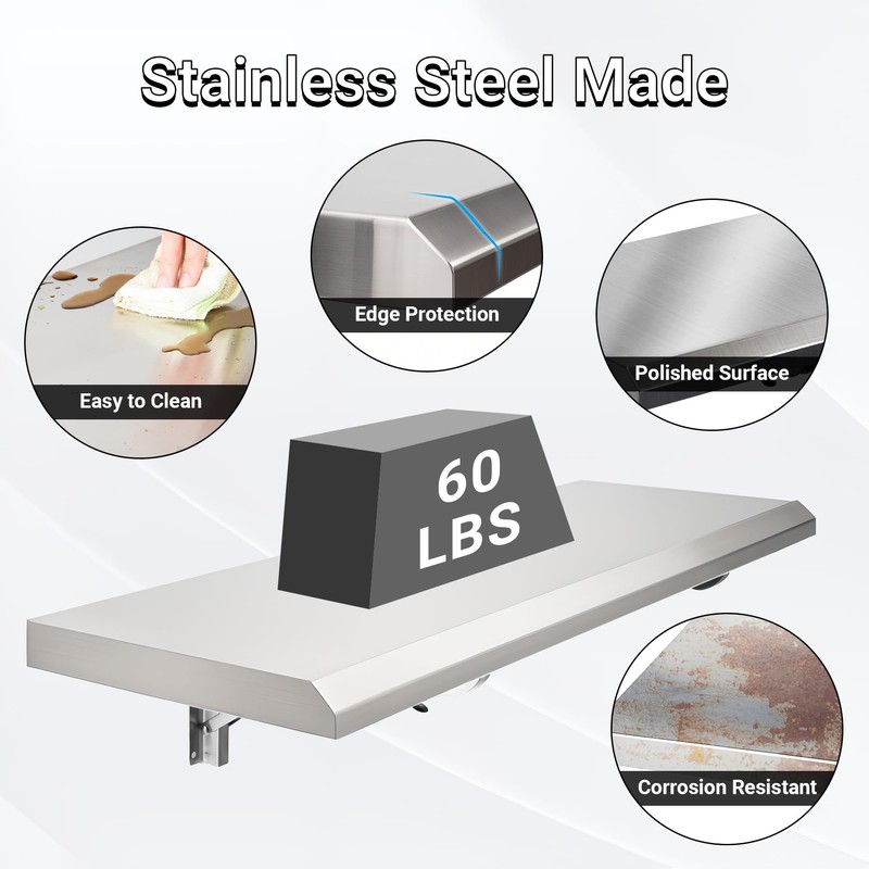 Toriexon Folding Concession Shelf 48" x 18", Stainless Steel Drop