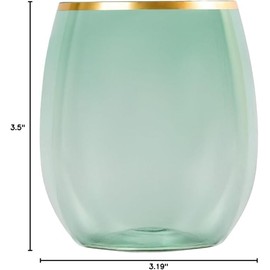 EcoQuality 12 oz Green Plastic Stemless Wine Glasses with Gold Rim, Disposable Unbreakable Shatterproof Elegant and Reusable Wine Tumbler for Parties, Weddings, Ideal for Indoor or Outdoor Events (6)