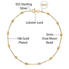 Savlano 18K Gold Plated Over 925 Sterling Silver Station Oval Moon Bead Anklet Chain For Women. Silver, Gold, Rose Gold - Made in Italy Comes With a Gift Box (Y, 10)