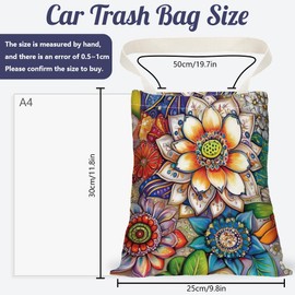 DELORIGIN Lotus Mandala Car Trash Bag Hanging Car Garbage Bag With Snap Buttons Cute Car Back Seat Trash Bag Portable Garbage Can for Car Interior Hanging Car Accessories Travel Camping