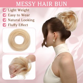 Benehair Messy Hair Scrunchies Straight Elastic Easy Hair Chignons Updo Ponytail Extensions Donut for Women Girls #18/613 Ash Blonde Mix Bleach Blonde 17g