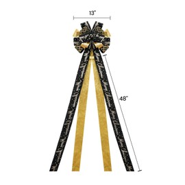 GOGOSY Christmas Tree Topper Bow,48''x 13'' Large Glitter Satin Christmas Wreath Bows Xmas Ornaments with Long Streamer Wired Edge Ribbon for Farmhouse Christmas Decoration (Black and Gold)