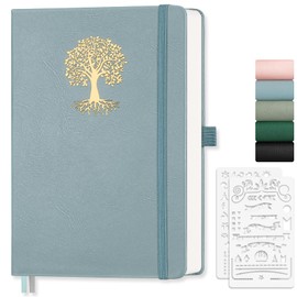 EMSHOI A5 Notebook Blank Journal - 192 Pages, 100 GSM Hardcover Leather Sketch Book with Doodle Stencil, Unlined, Plain Art Sketchbook for Women Men Work School Drawing, 14.5 x 21cm - Gray Blue